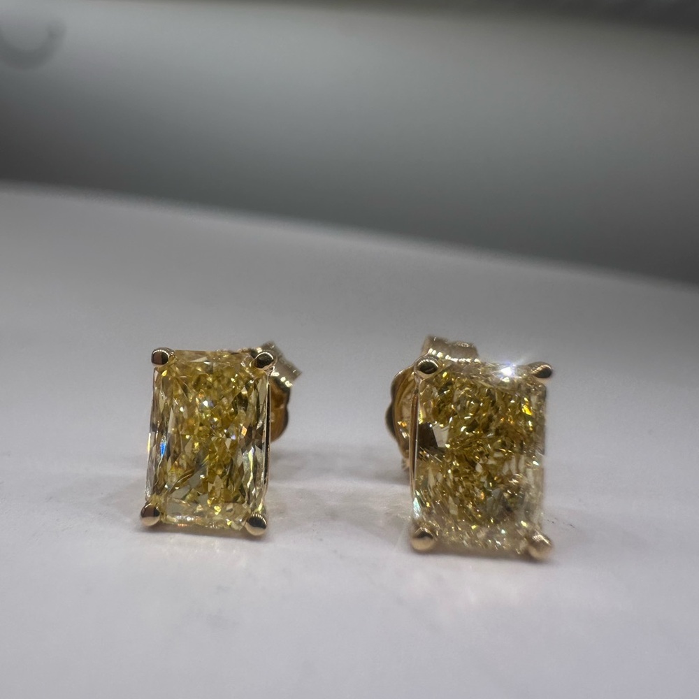 2.10 carat fancy intense yellow radiant cut stud lab grown diamond earrings